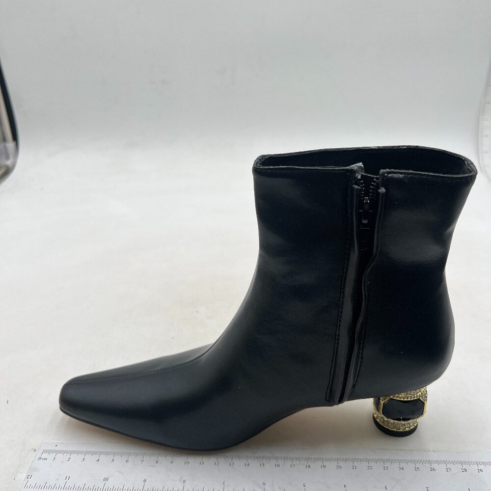 Black Women Round Toe Crystal Block Low Heel Ankle Boot Fashion Side Zipper Shoe